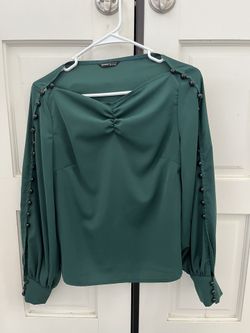 SHEIN Dark Green Long Sleeve Blouse Size S – Button Detail Sleeves, Ruched Front