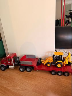 Bruder Mack Granite Lowboy Flatbed Truck with JCB Backhoe Loader