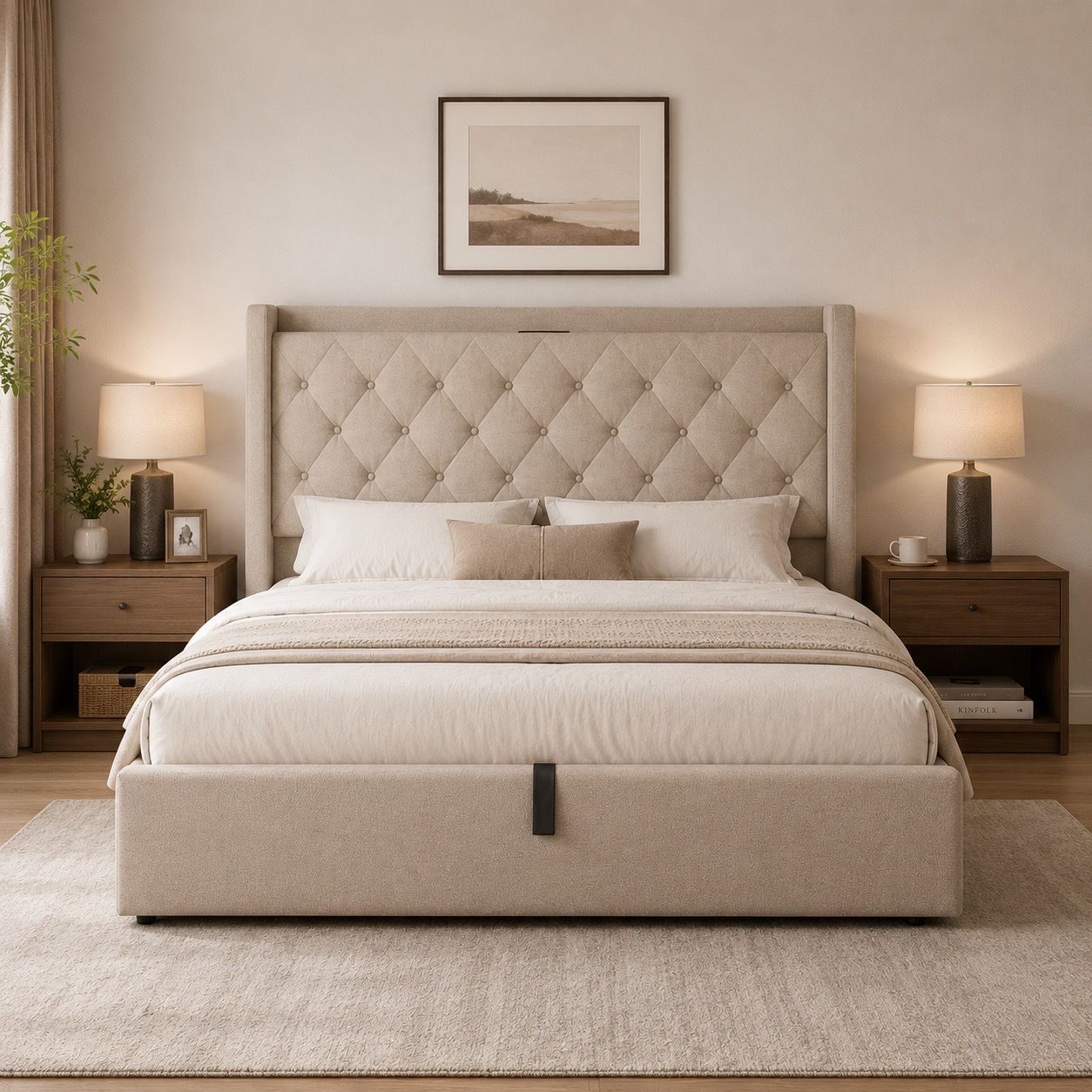 Brand New Full Size Lift-Up Storage Bed – Beige Upholstered Platform Bed with Charging Station