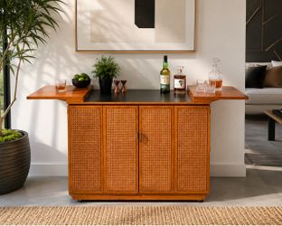 Mid Century Modern Vintage Rolling Flip-Top Bar Cabinet w/ Cane Doors