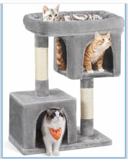 Cat Tree, 33.1-Inch Cat Tower, Plush Condo for Large Cats up to 16 lb, Large Perch, 2 Caves, Scratching Post, Light Gray UPCT61W