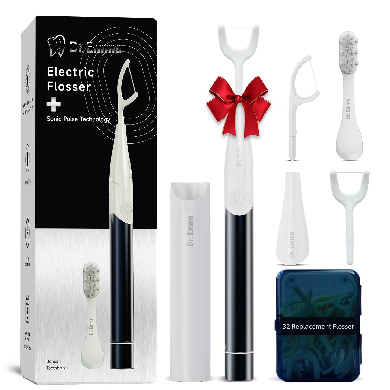 The item shown in the image is the Dr. Emma Electric Flosser & Toothbrush kit. This product is designed to make flossing easy using sonic pulse techno