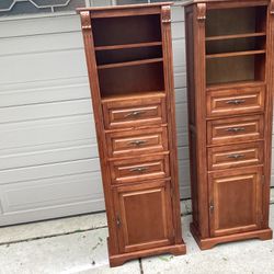 2 Wood Cabinets With Shelves And A Door Opens To Storage Low Profile All Wood Beautiful Lines Adjustable Shelves Very Clean Used Little 