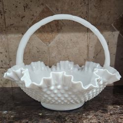 Vintage Fenton Hobnail Milk Glass Basket With Handle