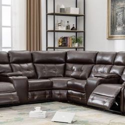 Brown Leather Reclining Sectional 