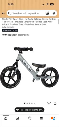 Strider 12" Sport Bike - No Pedal Balance Bicycle for Kids 1 to 4 Years - Includes Safety Pad, Padded Seat, Mini Grips & Flat-Free Tires