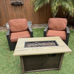 Patio Furniture (6 Pieces) - 2 Swivel Rocking Chairs, 2 King chairs, Fire-pit Table, Ottoman, Plush 6’’ cushions