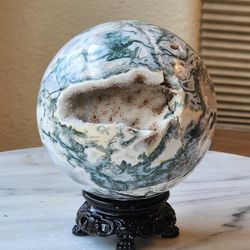 1.7 Lb (755g) Druzy Moss Agate Sphere Quartz Crystal