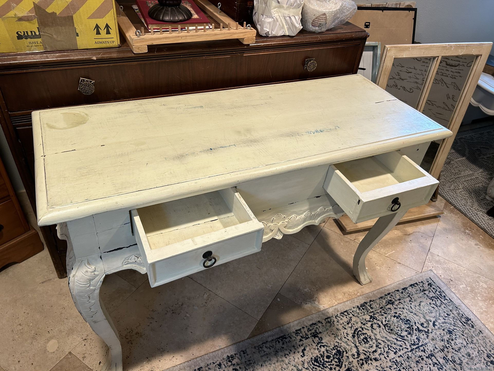 Antique Shabby Chair Wooden Side Table With Two Drawers