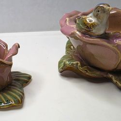 Transpac Rose Candle Holder & Bluebird Bowl Set - AS-IS broken tail