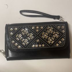 Black Silver Studded With Mirror Detail Clutch XL