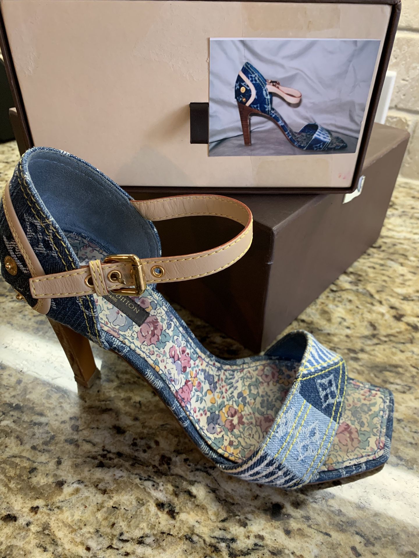 LOUIS VUITTON DENIM PEEP-TOE PLATFORM HEELS, IN BOX WITH SHOE BAG -  clothing & accessories - by owner - apparel sale 