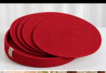 New Round Cotton Rope Placemats Set with Holder (5, red) round 13-inch woven cotton rope placemats with storage holder, heat-resistant and easy to cle
