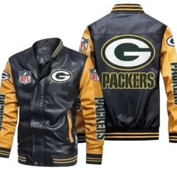 Mens Green Bay Packers Leather Jacket, Sticker Patch