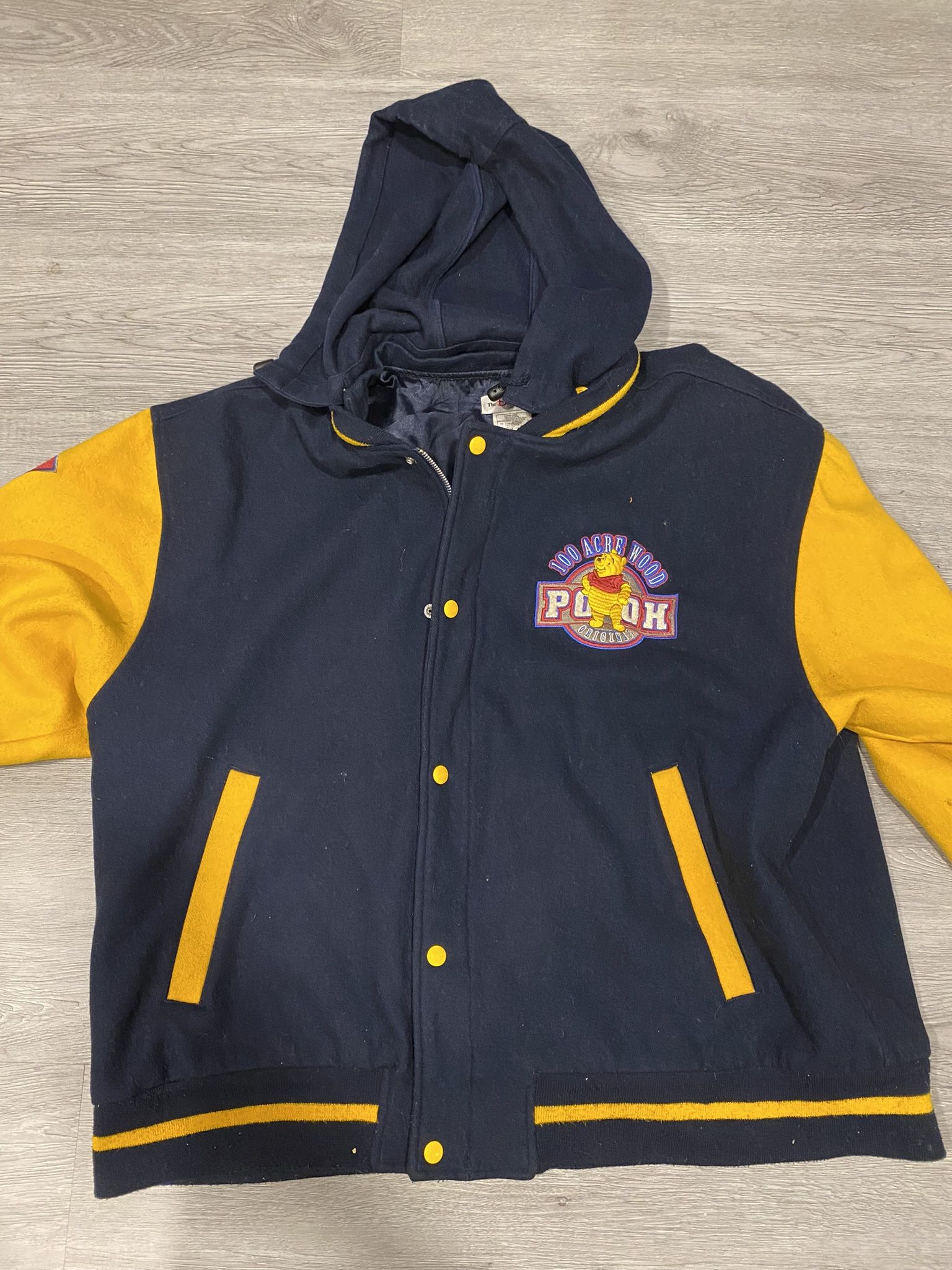 Vintage Winnie The Pooh 100 Acre Wood Wool Stitched Patch Bomber Jacket Men’s XL