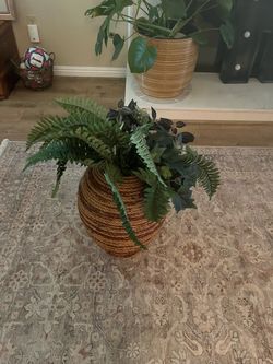Round Woven Basket with Faux Plants