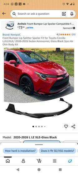 2020-2026 New. 3-piece Toyota Corolla front splitter