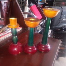 Old Solid Wood Candle Holders
