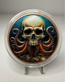 5 oz .999 Fine Copper Skull Octopus Pirate Coin – Colorized