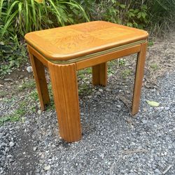 Vintage 80s Wooden End Table Brown Gold Tone Strip