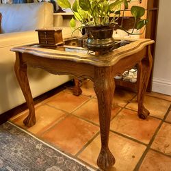 22"  Solid Oak Leaded Glass End Table With Claw Feet