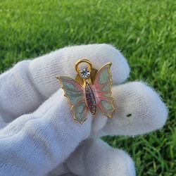 Vintage Butterfly Enamel Lapel Pin Brooch Gold Tone with Rhinestone – Cute!