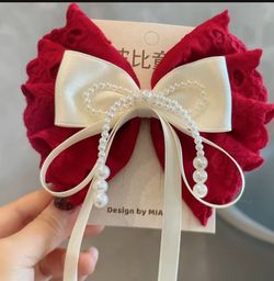 Red Lace Bow Hair Clip with Pearls