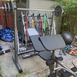 Olympic Adjustable Weight Bench With Legs Attachment And Squat Rack And Weights Plates With Barbell 