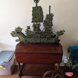 Antique Tea Cart  And 34 Inch Solid Jade Dragon Luck Ship. See Description.