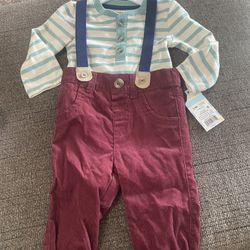 NEW Boys Shirt And Pants With Suspenders Cat & Jack Size 3/6 Months #1