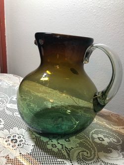 Hand-Blown Glass Pitcher Amber to Green Ombre