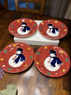 Festive Snowman Dinner Plate (s) 11" Winter Ceramic Gibson White Green Red Blue