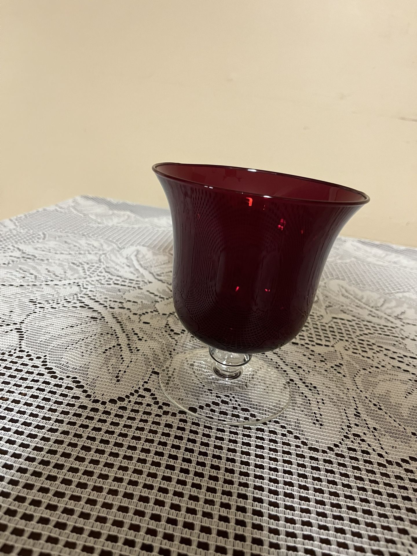 Vintage Ruby Red Clear Footed Glass Vase Candle Holder 6” high x 5” across, Excellent Condition $10