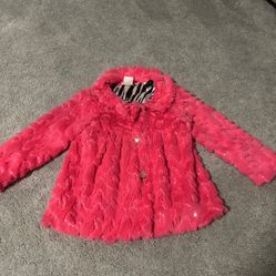 Cach Cach Girls Pink Faux Fur Coat Size 2T with Gem Buttons zebra print Interior