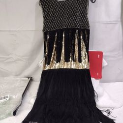 New, Babeyond Gatsby 1920's Flapper Dress Black/Gold L Beads/Sequins & Fringe Size Small