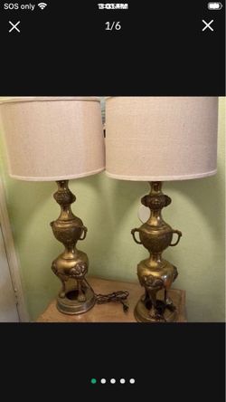 $450-obo-Pair of Brass Foo Dog Table Lamps