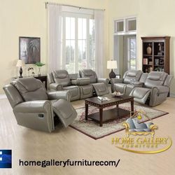 Grey Recliner  Leather 3-Piece Couch Living Room Sofa Set