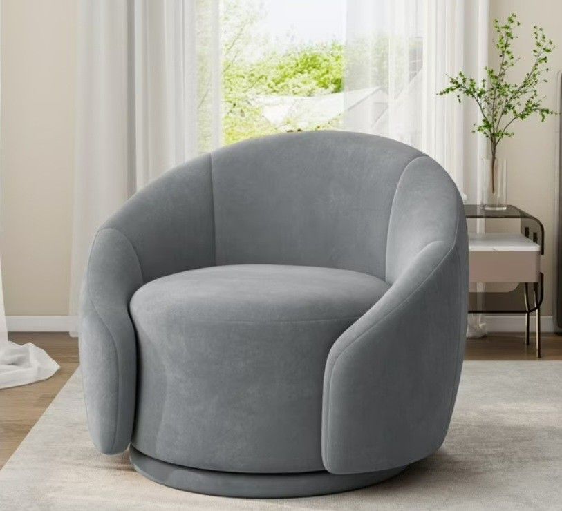 UIXE Swivel Accent Chair Velvet Barrel Chair Upholstered Arm Chair for Living Room, Modern Round Club Chair with Turntable Base, Gray