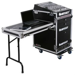 Odyssey FZ1316WDLX Deluxe 13U Top Slanted 16U Bottom Vertical Pro Combo Rack with Side Table and Casters
