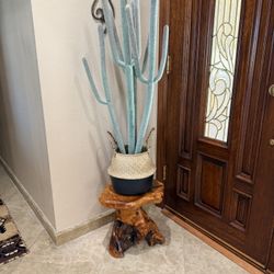 Fake Cactus & Live Edge Plant Stand
