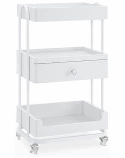 BarberPub Salon Trolley with Lockable Wheels, Barber Cart with Storage Drawer & Shelves for Stylist, Beauty Spa Equipment 2086 (White)