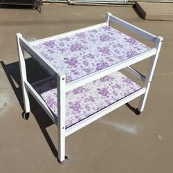 Farmhouse Wheeled cart ALL WOOD - white trim + purple flower + leaves  print 2 shelves + 4 wheels