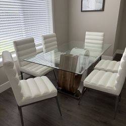 Beautiful glass dining table modern with 6 white chairs