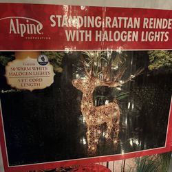 Alpine Corporation Standing Rattan Reindeer Decoration with White Halogen Lights - 20"L x 7"W x 35"H