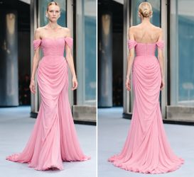 Ashley Lauren Pink Chiffon Ruched Off Shoulder Mermaid Evening Gown  sz 4 Runway
