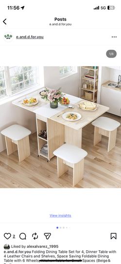 Folding Dining Table Set for 4, Dinner Table with 4 Leather Chairs and Shelves, Space Saving Foldable Dining Table with 6 Wheels, Kitchen Table for Sm