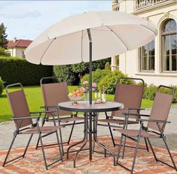 6 Pieces Folding Patio Dining Set, All Weather Small Metal Outdoor Table and Chairs Set, P