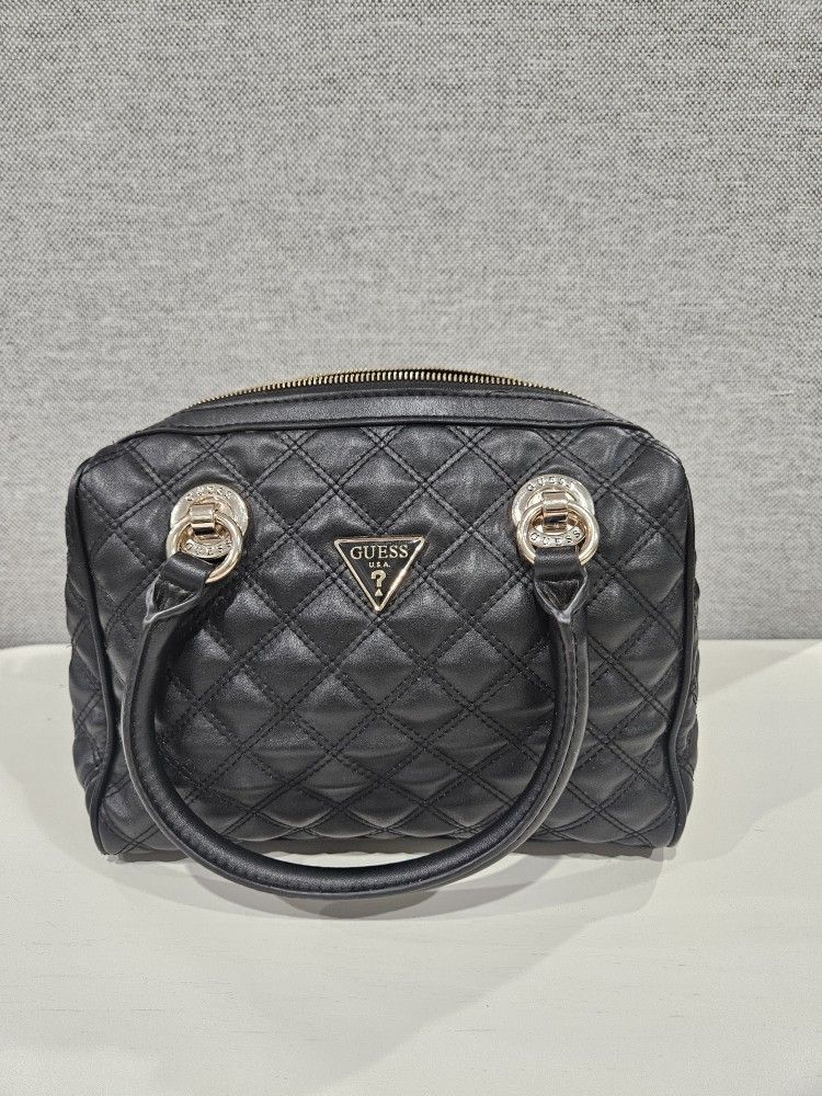 Guess Women's Cessily Quilted Box Satchel Handbag. Black Purse Tote