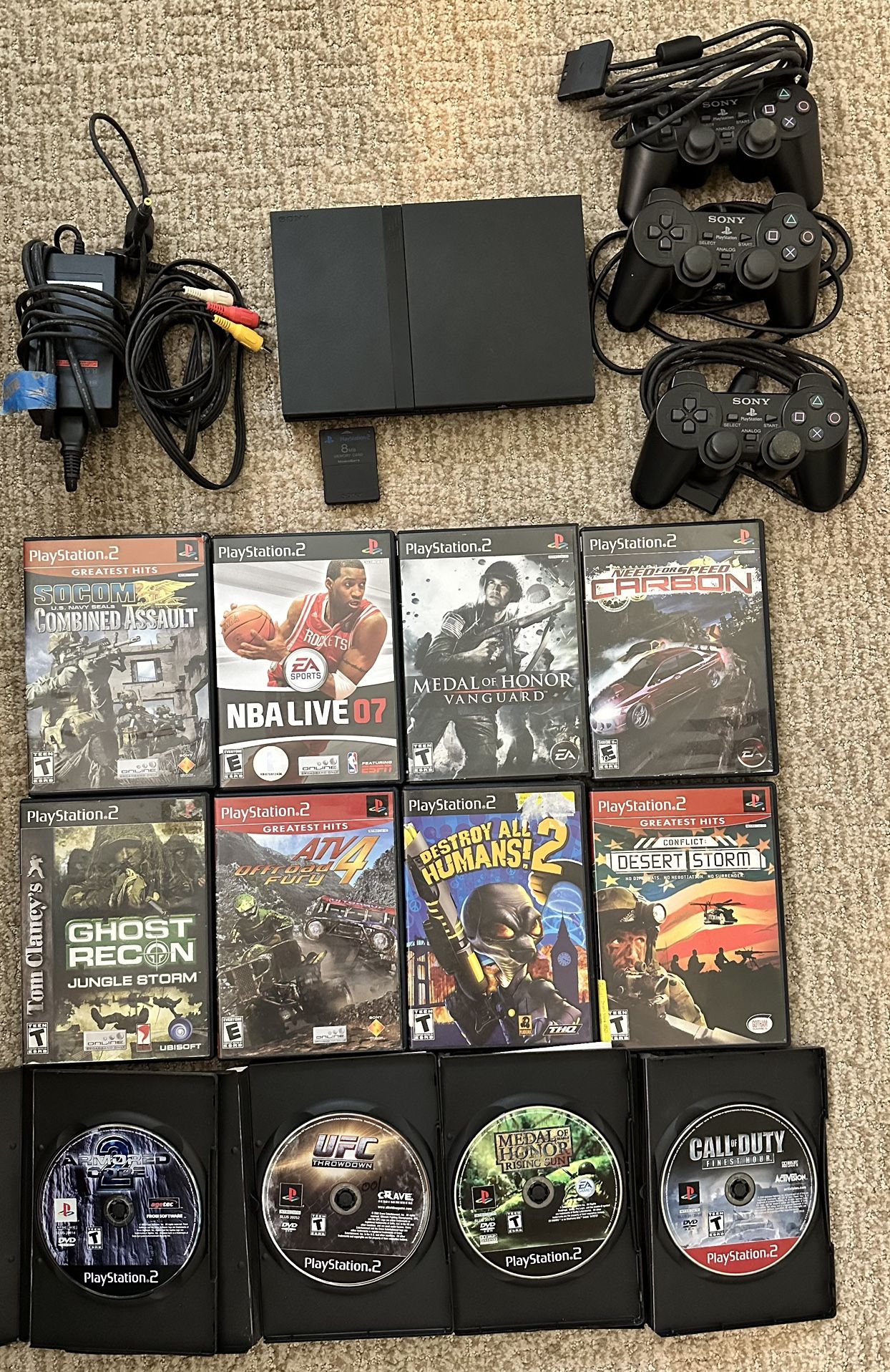 PlayStation 2 Console, Controllers, Cables, Games & Memory Card