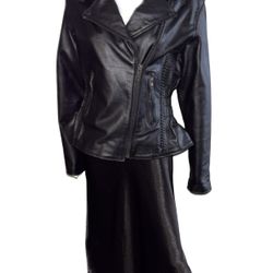 Zony Inc Women's Black Polyester/Leather Lined Full Zip Jacket Coat Sz L P2P 19”